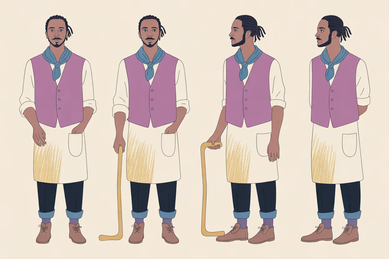 The Carousel Keeper character sheet on a warm cream background: four full-body views of a man with medium-dark brown skin, dark locs gathered at the back of his head and a close-trimmed beard, in an orchid-mauve waistcoat, a cream shirt with rolled sleeves, a dusty-blue neckerchief, a cream apron streaked with gold paint, dark trousers with rolled cuffs and brown boots. From left to right: a front view with one hand in his apron pocket, a front view holding a long bent brass crank handle upright beside him, a profile facing left with his hand resting on top of the handle, and a profile facing right with his hands behind his back. His expression is the same calm, closed-mouth look in every view.