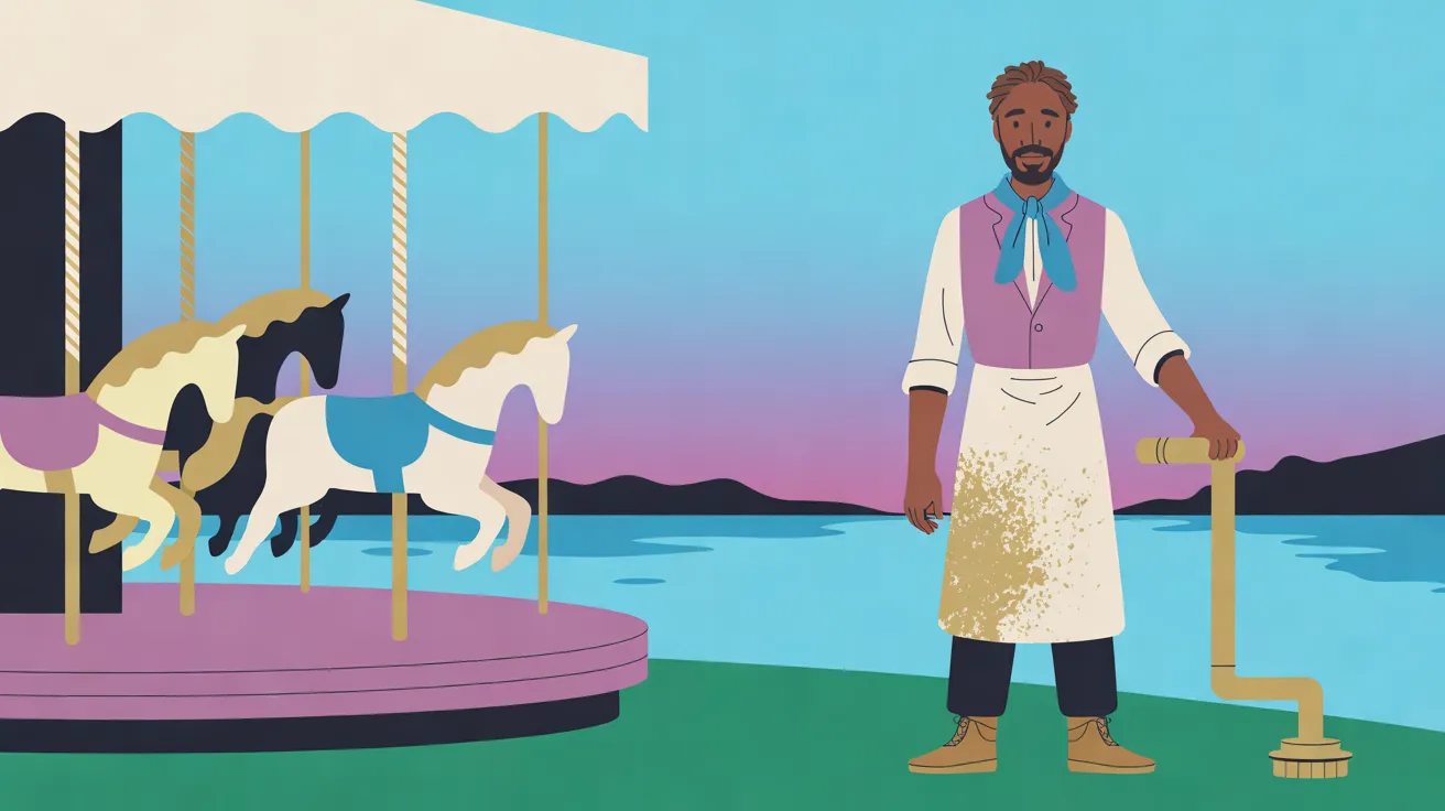 The Carousel Keeper, a man with medium-dark brown skin, short twisted dark hair and a close-trimmed beard, stands on green grass at the right in an orchid-mauve waistcoat over a cream shirt with rolled sleeves, a sky-blue neckerchief, a cream apron spattered with gold paint, dark trousers and tan boots, one hand resting on a tall L-shaped brass crank that rises from a fitting in the grass. To the left, carved horses in cream, pale yellow and black, with gold manes and blue and mauve saddles, stand on twisted brass poles on a round mauve platform under a plain scalloped cream canopy. Behind him a calm blue bay runs to low dark hills under a sky fading from cyan to pink.