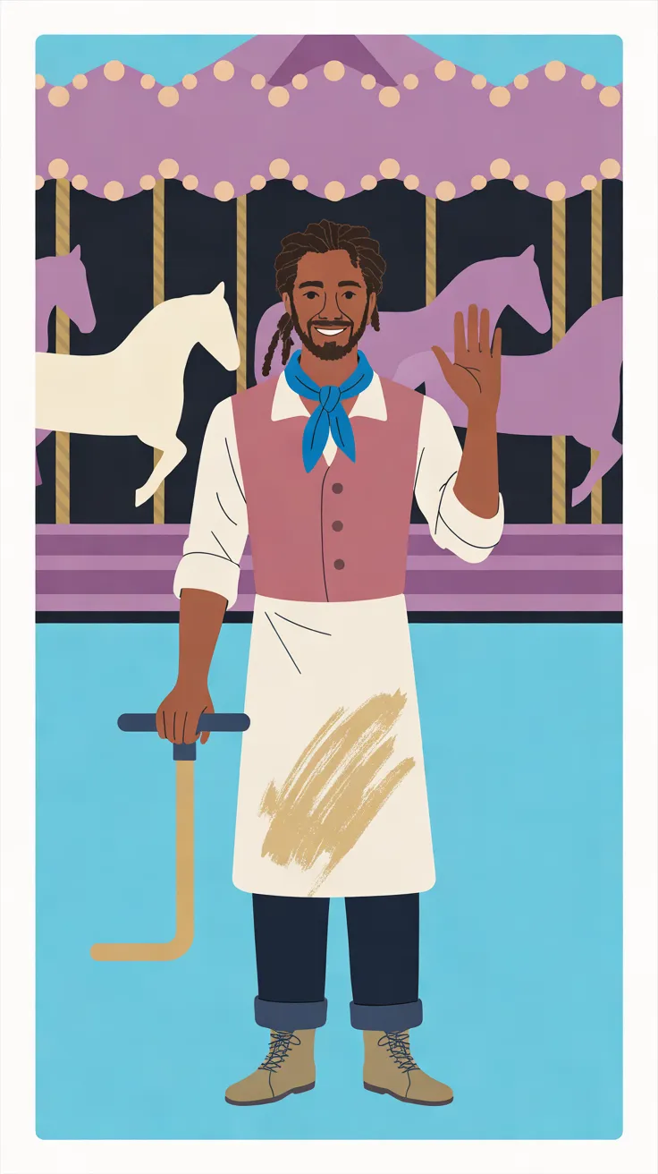 The Carousel Keeper smiling and raising one hand in greeting, the other hand holding a tall L-shaped brass crank at his side by its dark crossbar handle. He has dark locs, a short beard, a dusty-rose waistcoat over a cream shirt with rolled sleeves, a sky-blue neckerchief, a cream apron with a streak of gold paint, dark trousers with rolled cuffs and tan lace-up boots. Behind him flat cream and mauve horses stand among twisted brass poles against a dark background, under a mauve scalloped canopy hung with rows of round warm bulbs; the floor and the strip of sky above are sky blue, all inside a cream border.
