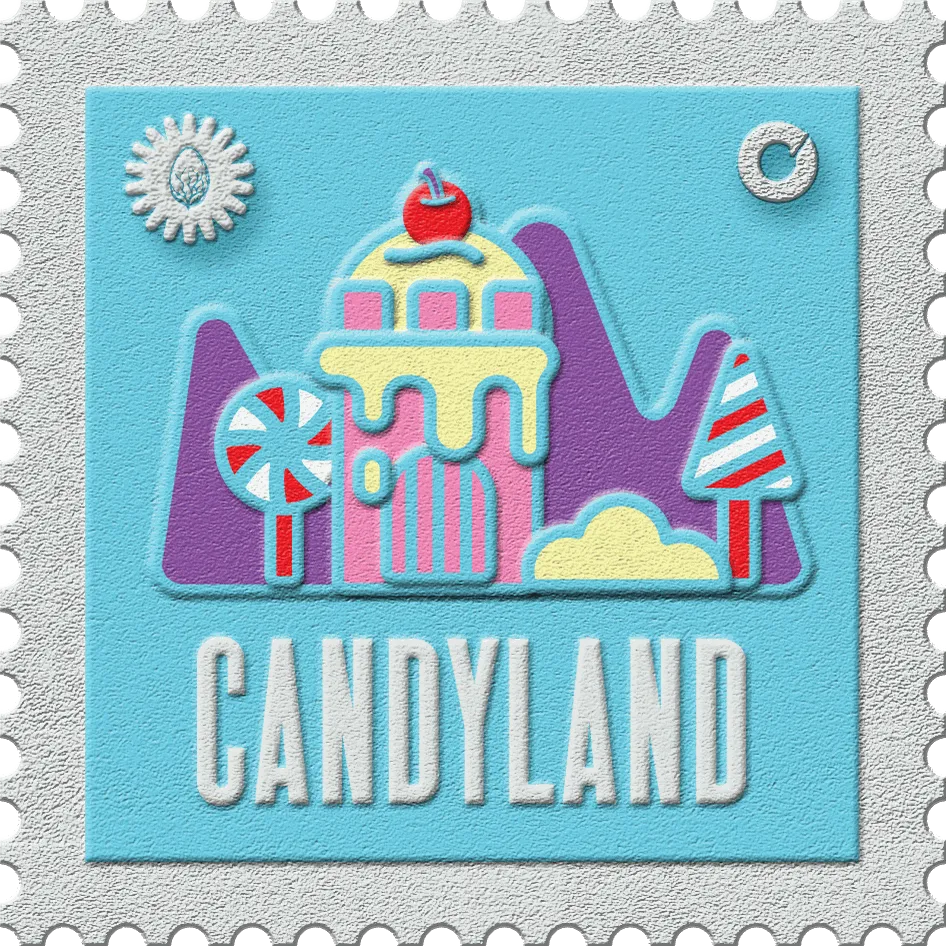Candyland stamp, No. 34 in the Official Cannabis collection: a candy castle with lollipops on sky blue
